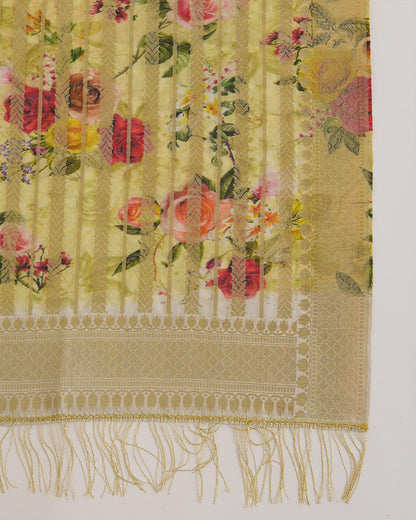 Green Chiniya Silk Hand Woven Floral Print Dupatta