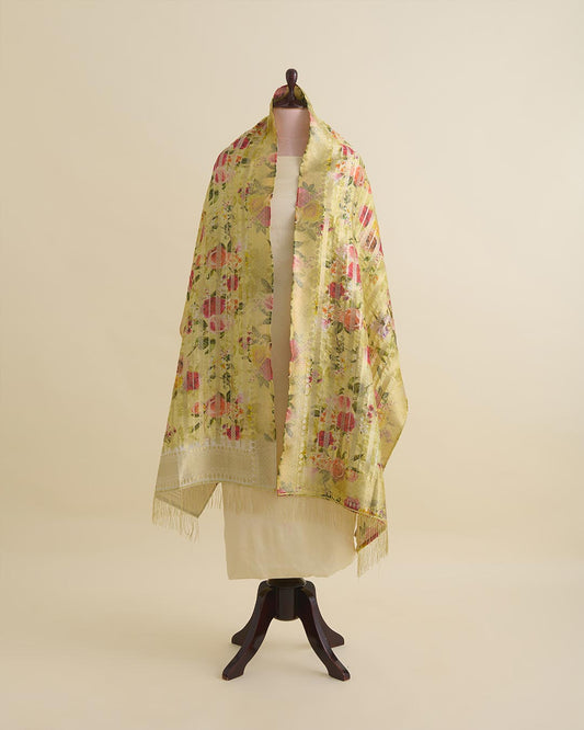 Green Chiniya Silk Hand Woven Floral Print Dupatta