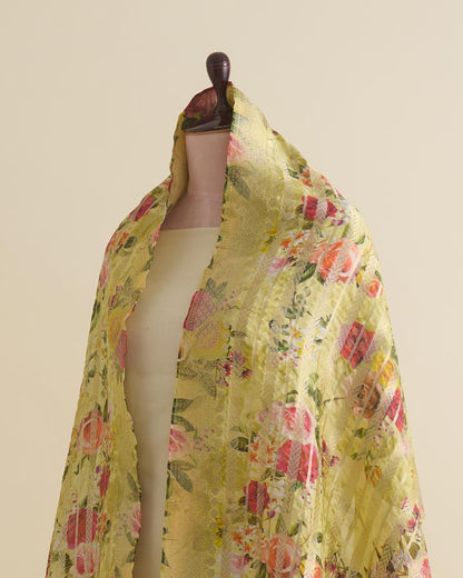 Green Chiniya Silk Hand Woven Floral Print Dupatta