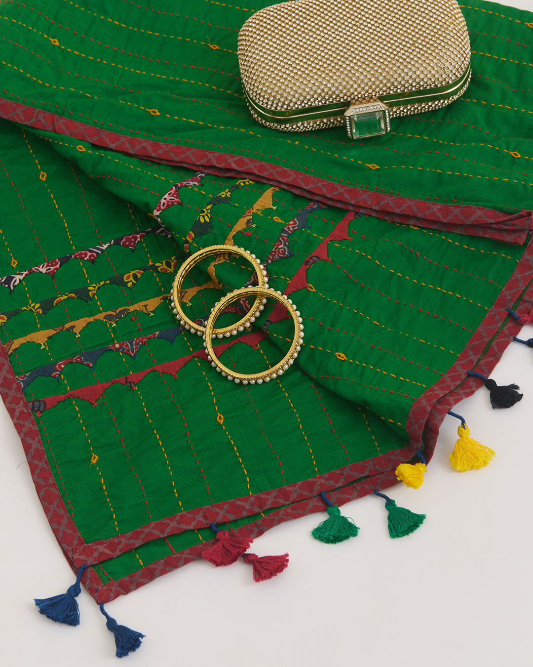 Green Cotton Katha Work Ajrak Patti Stole Dupatta