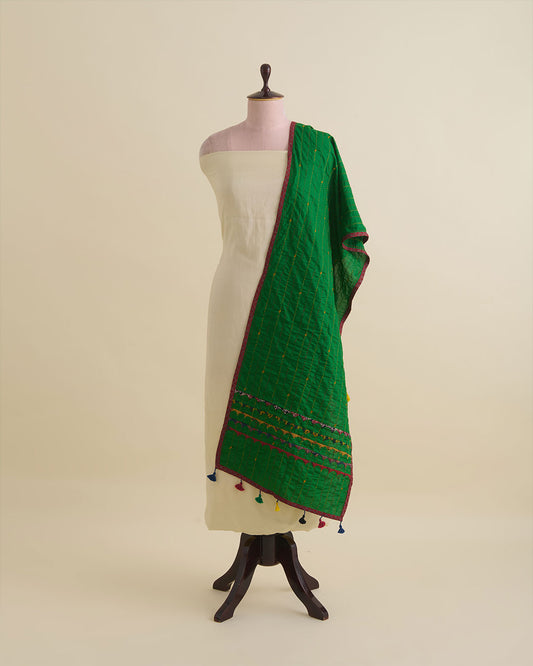 Green Cotton Katha Work Ajrak Patti Stole Dupatta