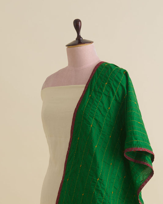 Green Cotton Katha Work Ajrak Patti Stole Dupatta