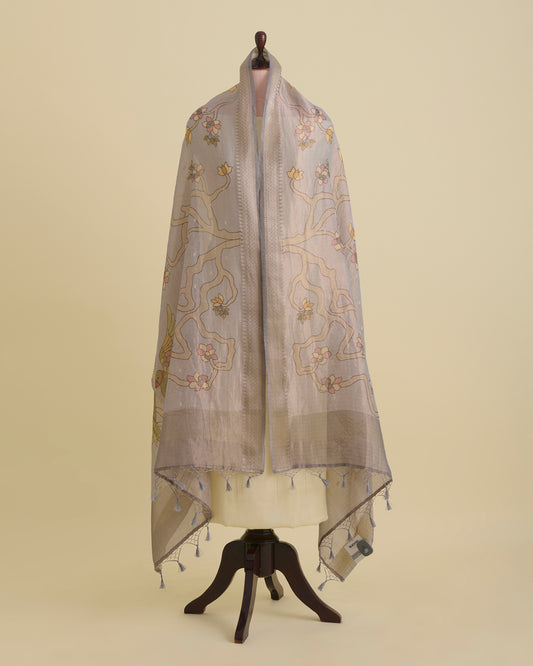 Grey Chanderi Tissue Kalamkari Digital Printed Dupatta