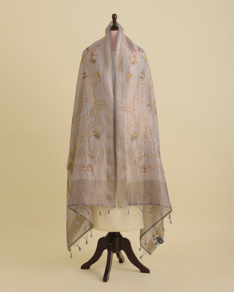 Grey Chanderi Tissue Kalamkari Digital Printed Dupatta