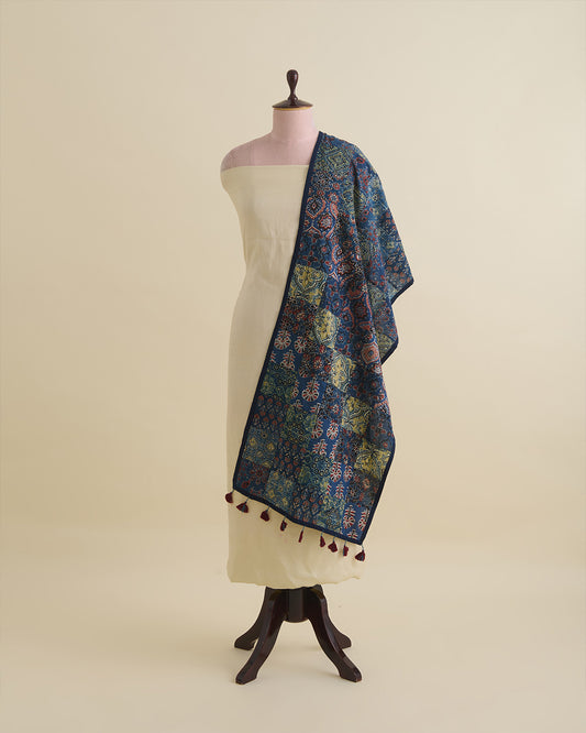 Navy Blue Cotton Ajrak Patch Stole Dupatta