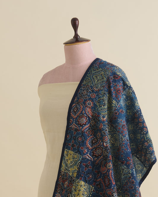 Navy Blue Cotton Ajrak Patch Stole Dupatta