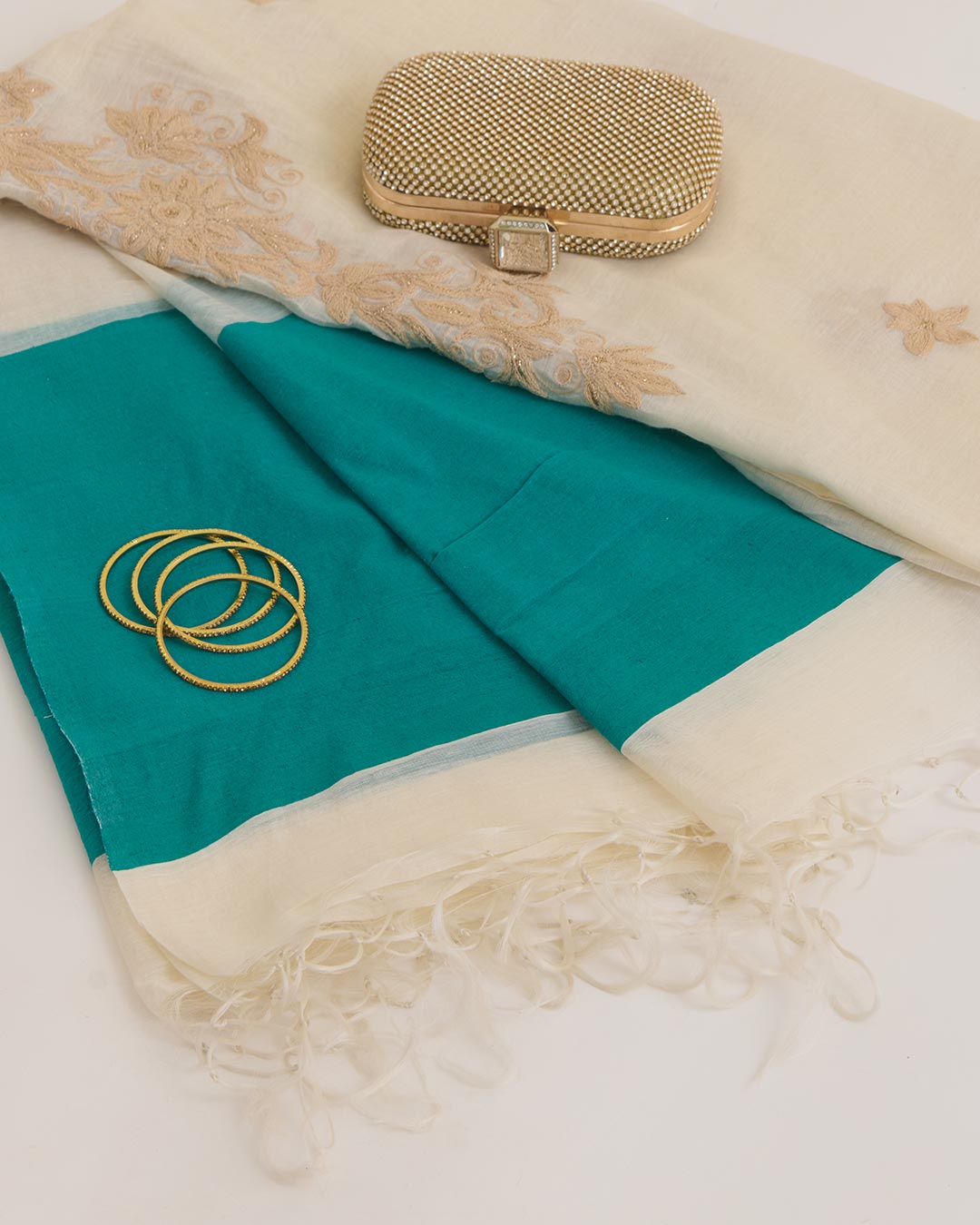Offwhite Chanderi Gold Resham Aari Work Dupatta