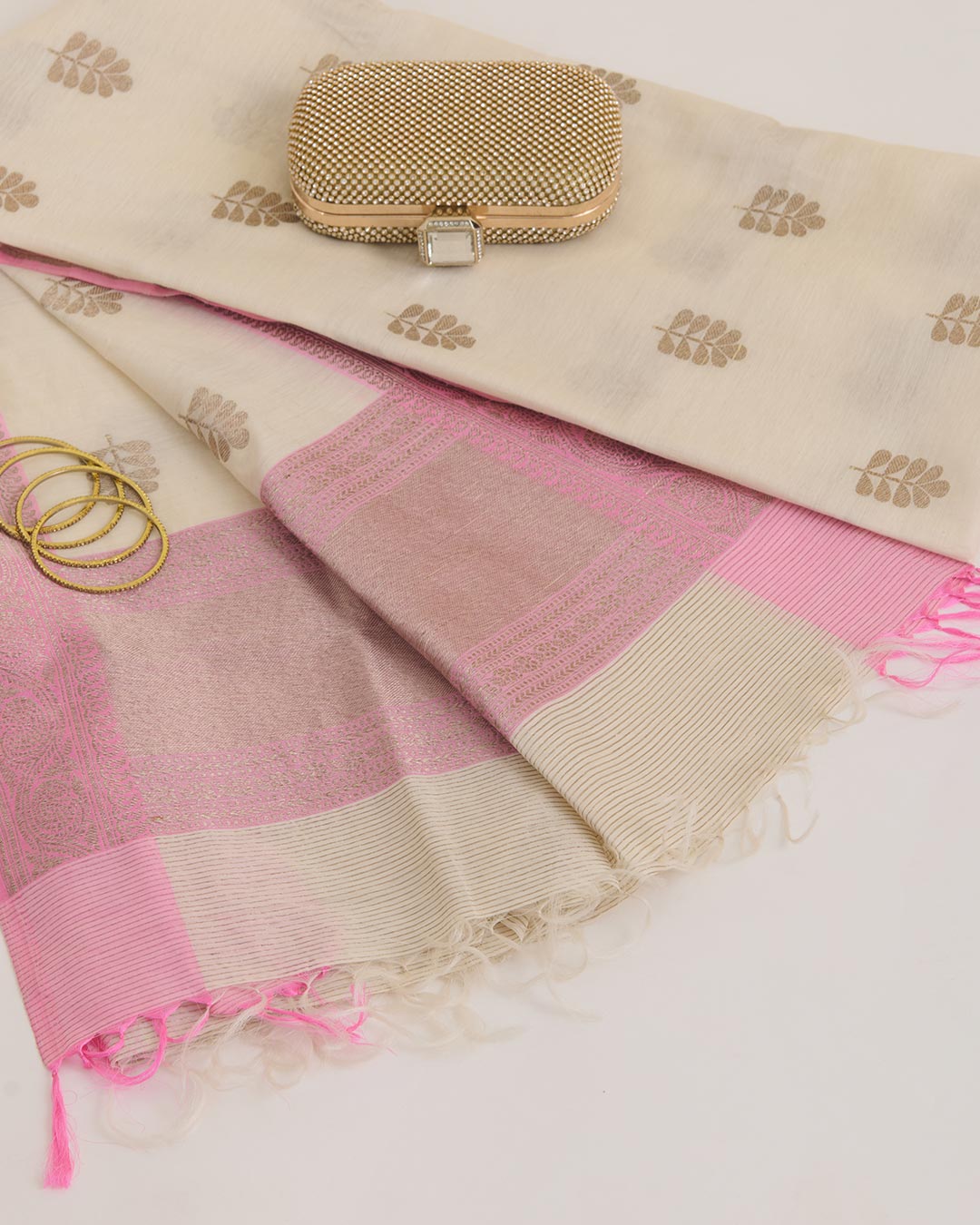 Offwhite Chanderi Hand Woven Gold Motif Dupatta