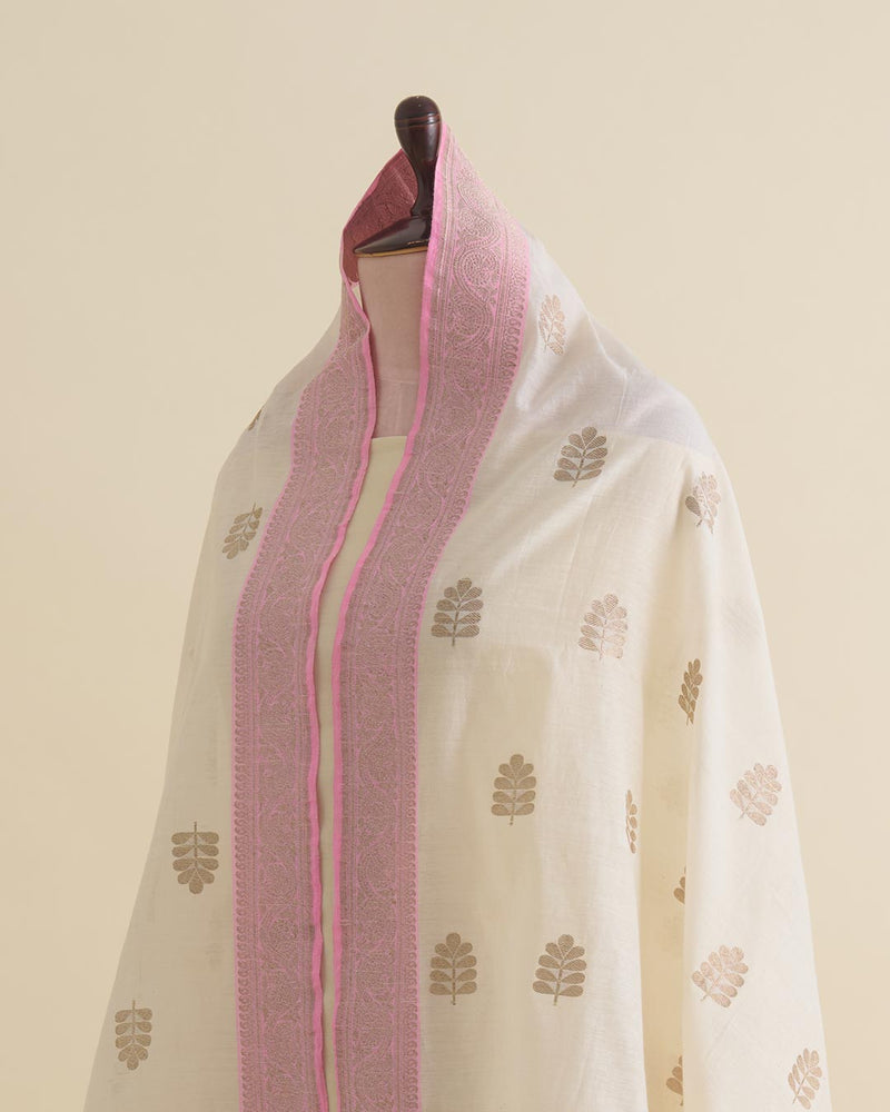Offwhite Chanderi Hand Woven Gold Motif Dupatta
