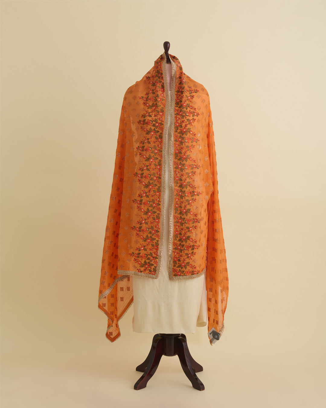 Orange Chanderi Dupatta with Gold Sequins & Multi Resham Border
