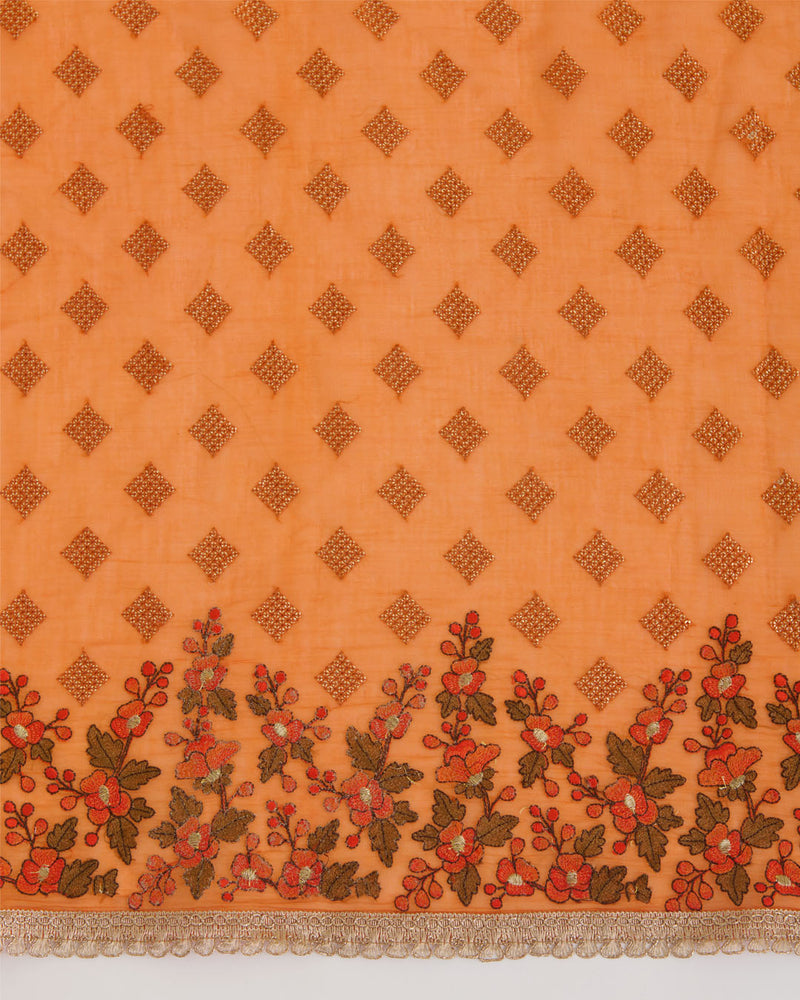 Orange Chanderi Dupatta with Gold Sequins & Multi Resham Border