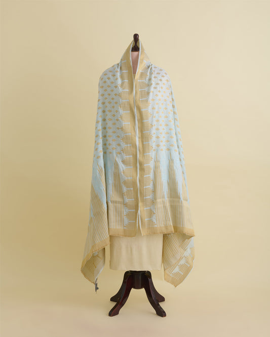 Powder Blue Chanderi Handloom Lucknowi Dupatta