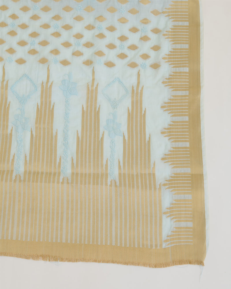 Powder Blue Chanderi Handloom Lucknowi Dupatta