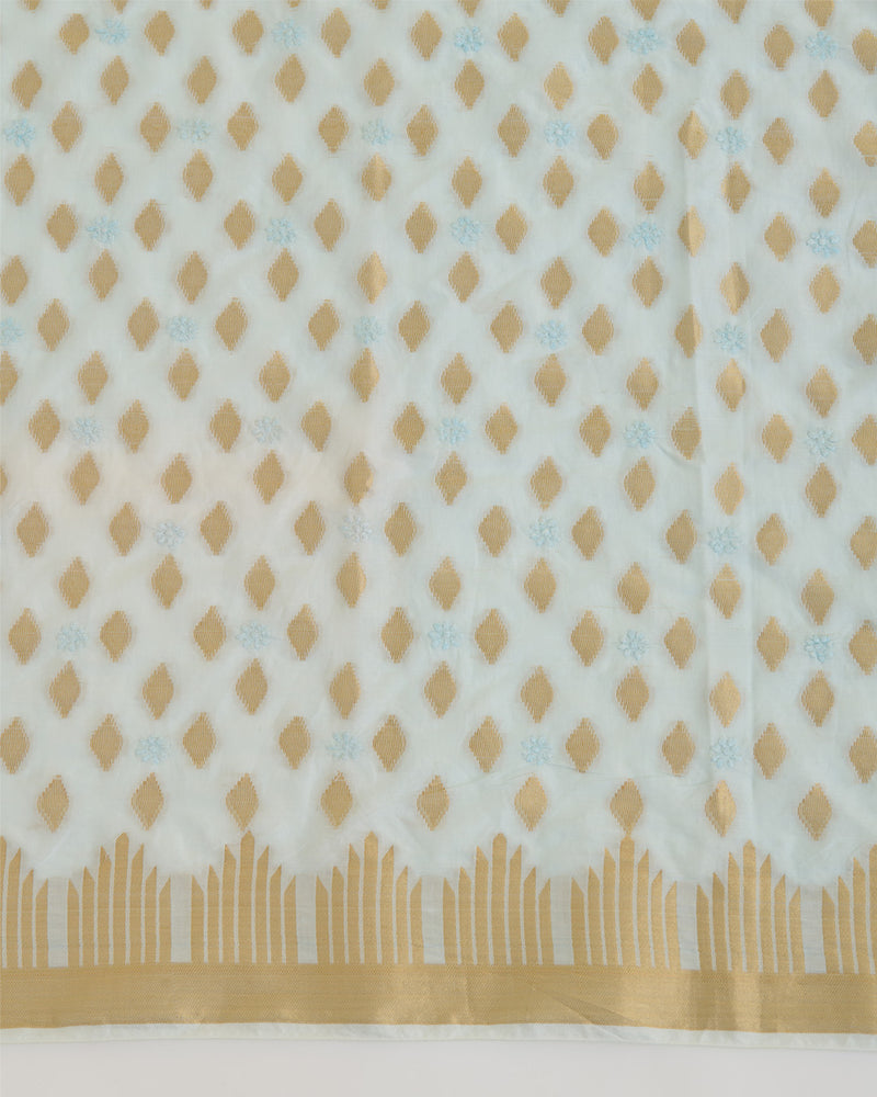 Powder Blue Chanderi Handloom Lucknowi Dupatta