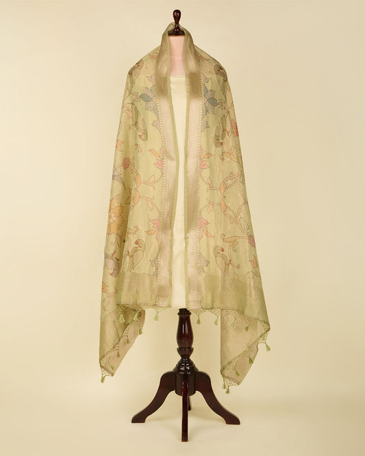 Pista Green Chanderi Kalamkari Printed Woven Dupatta