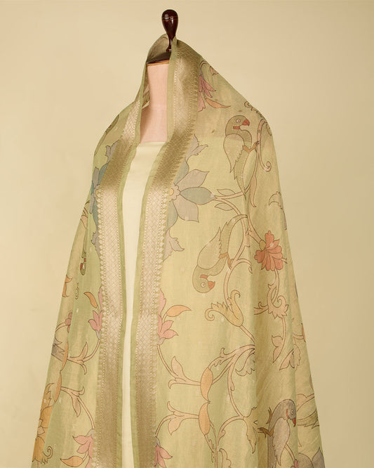 Pista Green Chanderi Kalamkari Printed Woven Dupatta