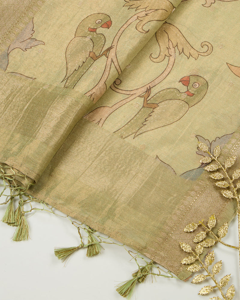 Pista Green Chanderi Kalamkari Printed Woven Dupatta