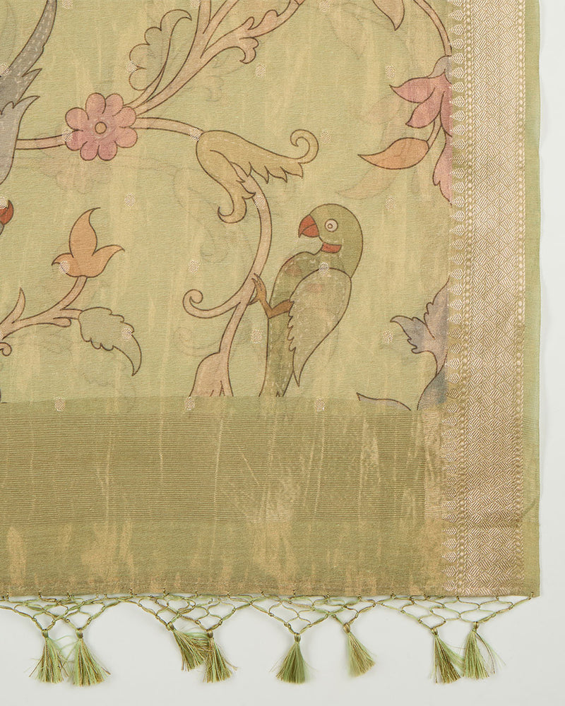 Pista Green Chanderi Kalamkari Printed Woven Dupatta