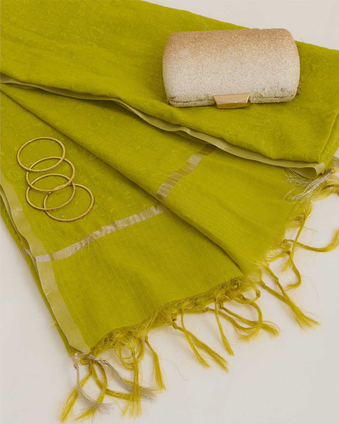 Lime Green Chanderi Zari Stripes Resham Jaal Embroidery Dupatta