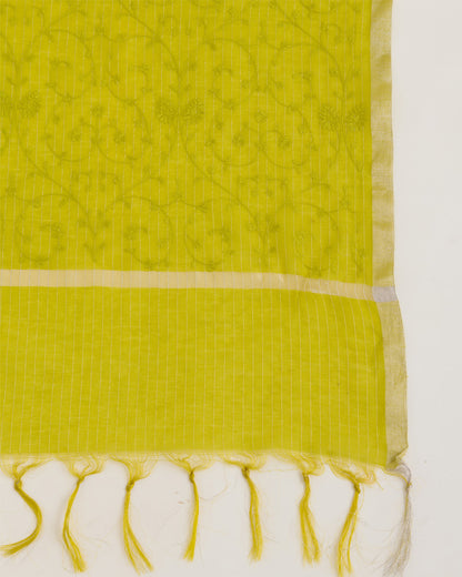 Lime Green Chanderi Zari Stripes Resham Jaal Embroidery Dupatta