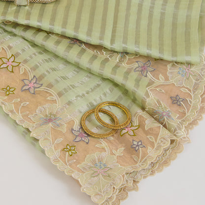 Pista Green Chanderi Tissue Stripes Resham Embroidery Pallu Border Dupatta