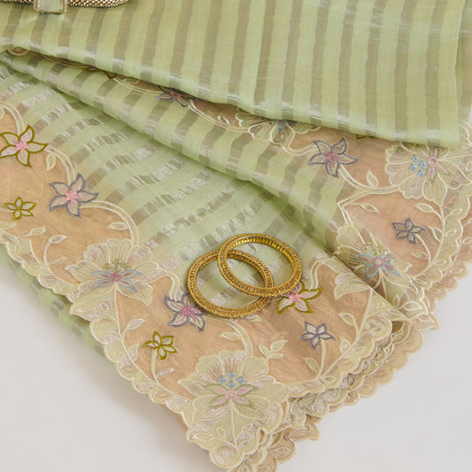 Pista Green Chanderi Tissue Stripes Resham Embroidery Pallu Border Dupatta