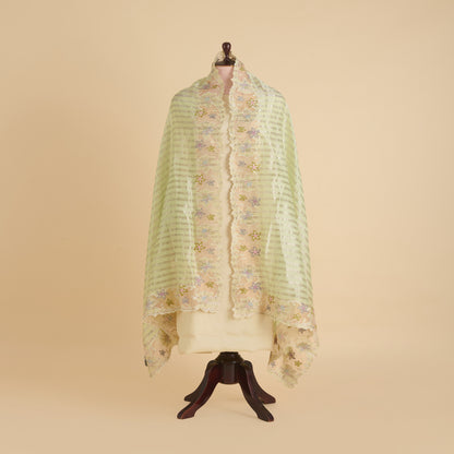 Pista Green Chanderi Tissue Stripes Resham Embroidery Pallu Border Dupatta