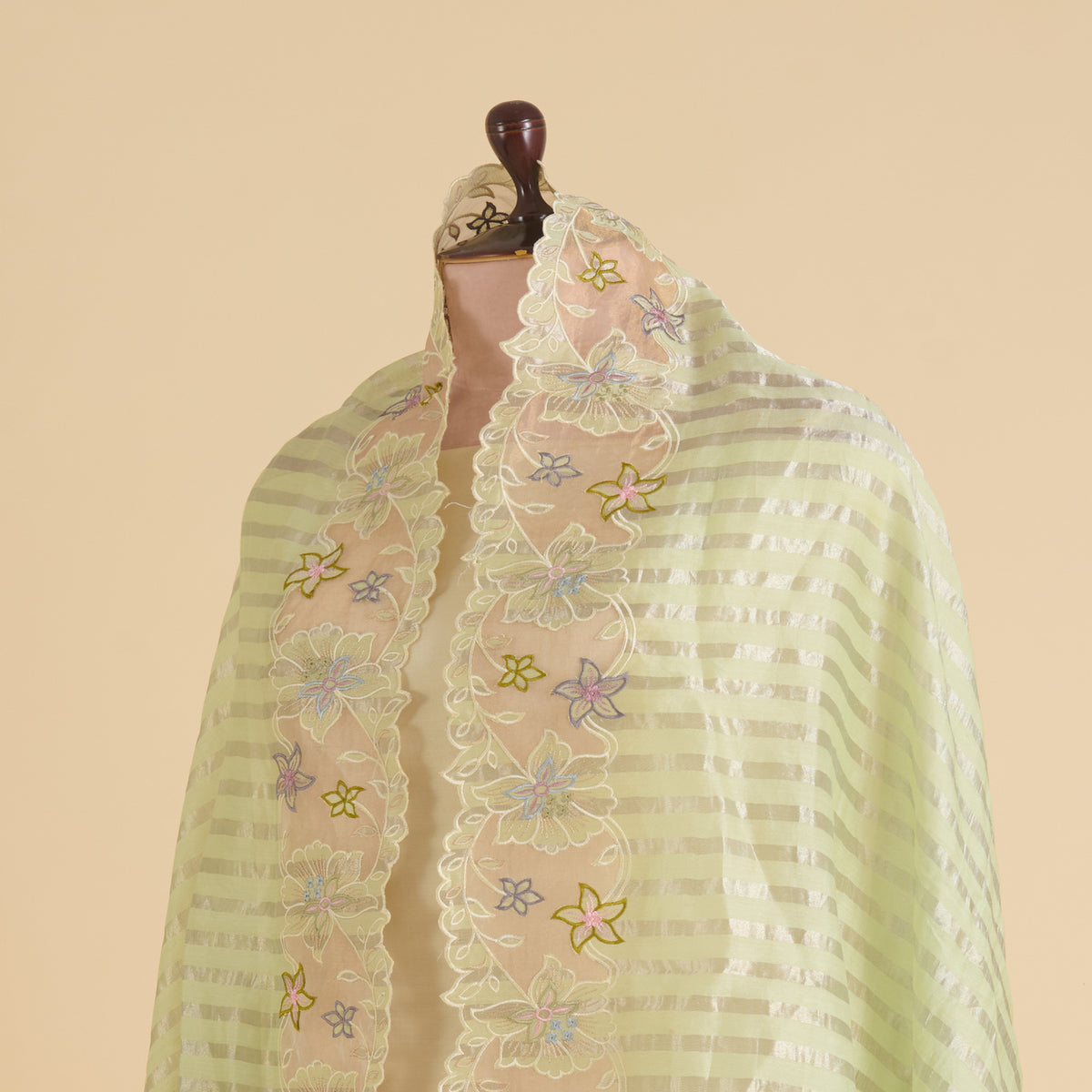 Pista Green Chanderi Tissue Stripes Resham Embroidery Pallu Border Dupatta