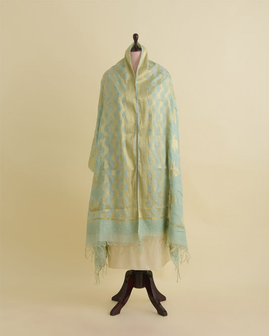 Sea Green Chanderi Handloom Lucknowi Dupatta