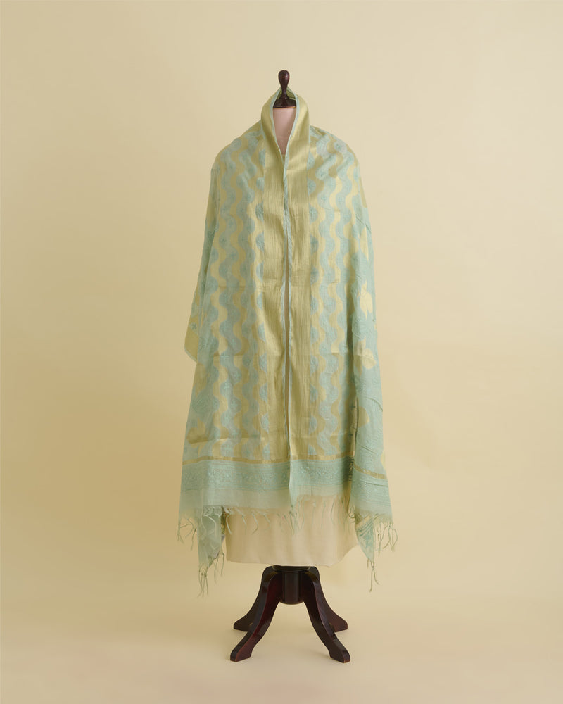 Sea Green Chanderi Handloom Lucknowi Dupatta