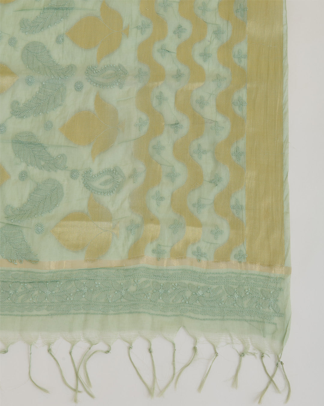 Sea Green Chanderi Handloom Lucknowi Dupatta