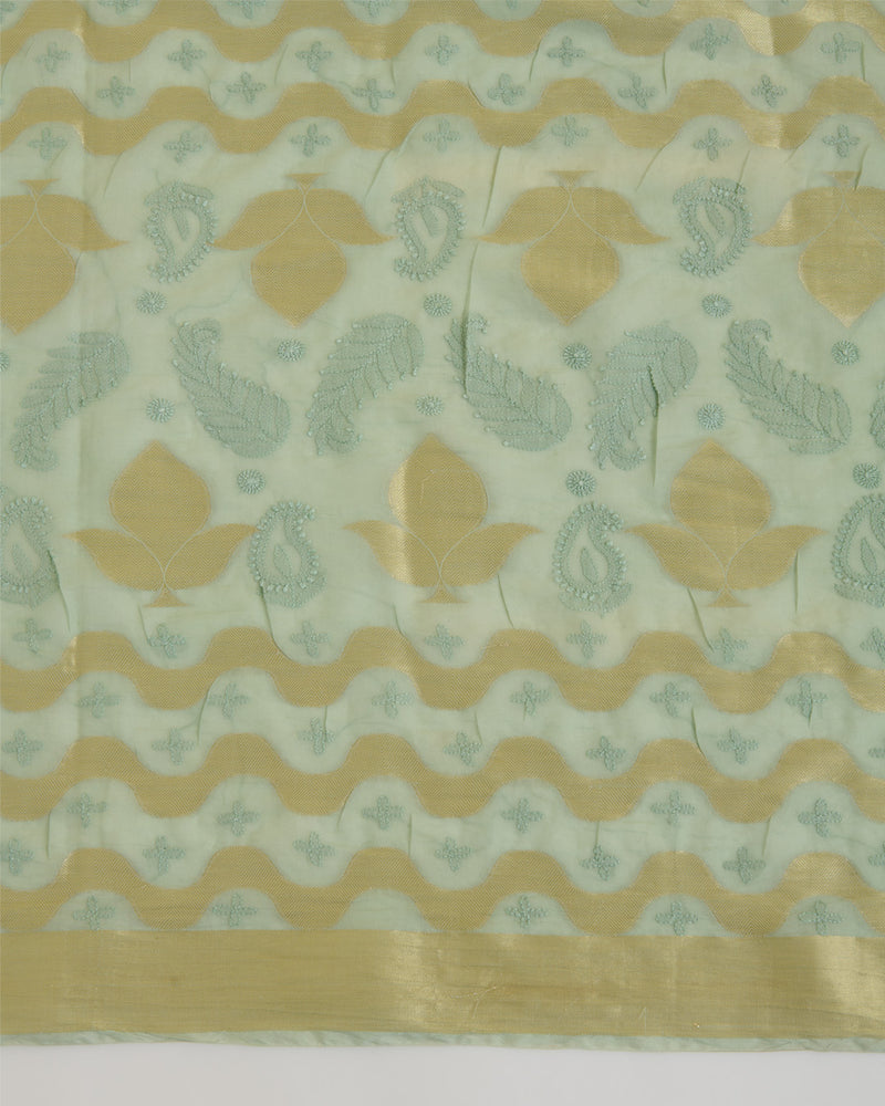 Sea Green Chanderi Handloom Lucknowi Dupatta