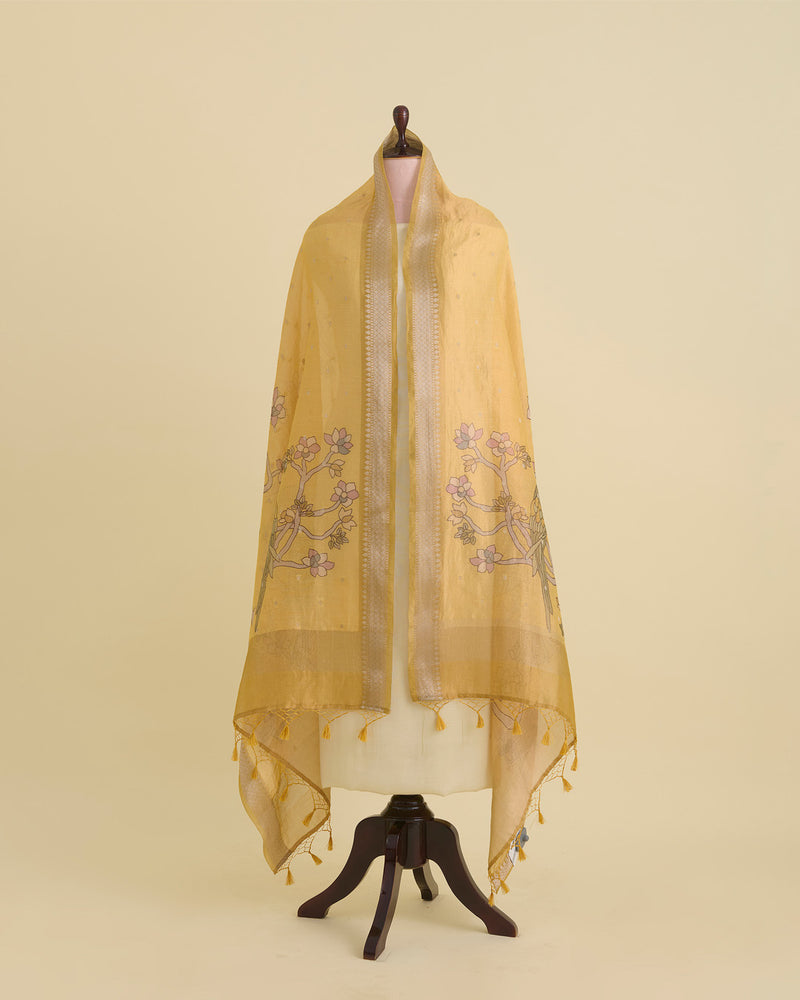 Yellow Chanderi Tissue Kalamkari Digital Printed Dupatta