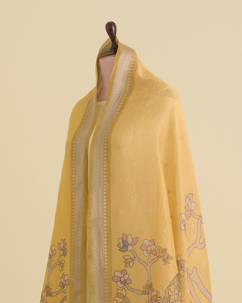 Yellow Chanderi Tissue Kalamkari Digital Printed Dupatta