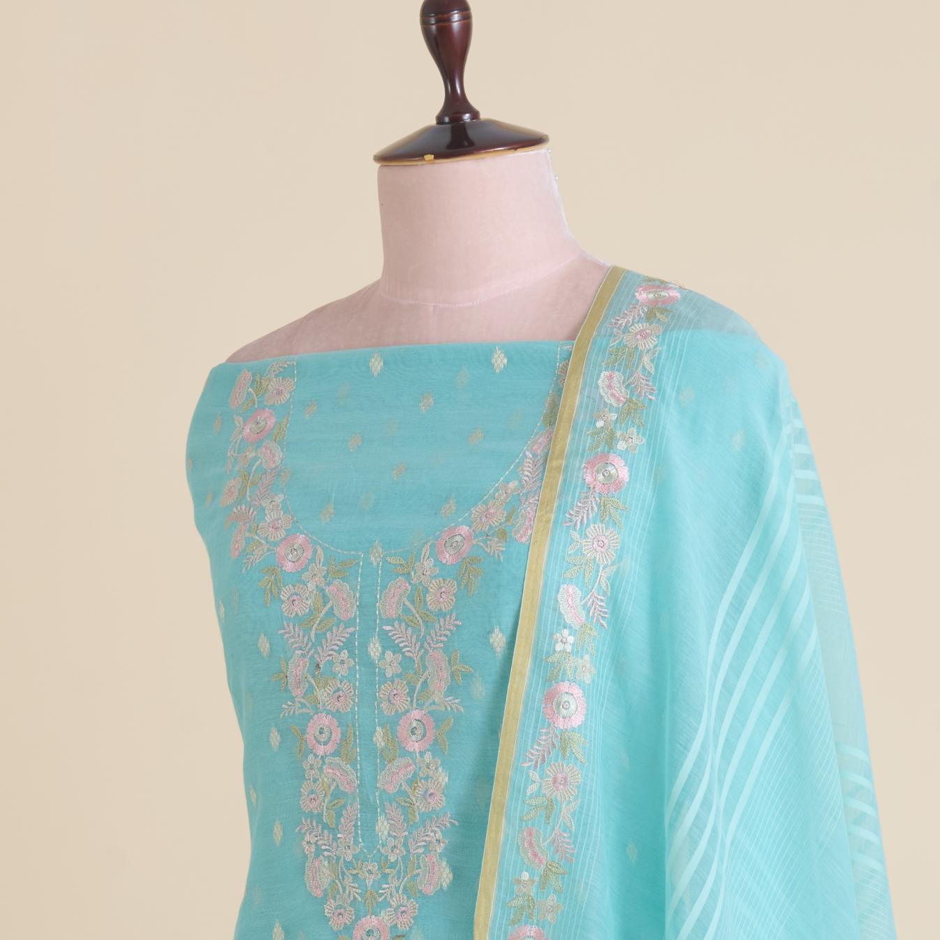 Aqua Blue Fine Chanderi Woven Suit with Embroidered Dupatta