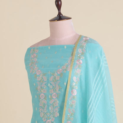 Aqua Blue Fine Chanderi Woven Suit with Embroidered Dupatta
