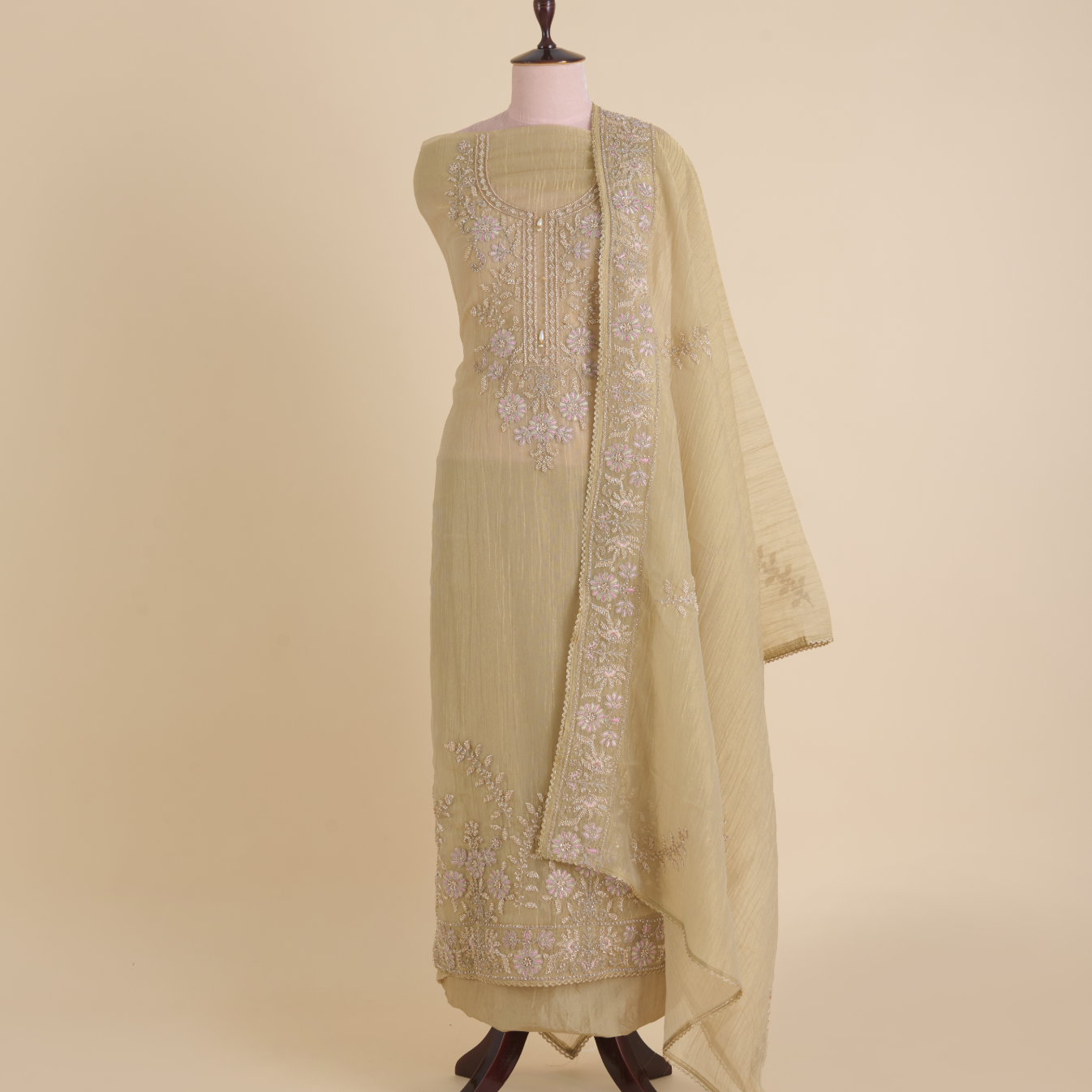 Beige Crush Tissue Cut-Dana Zari Embroidered Suit
