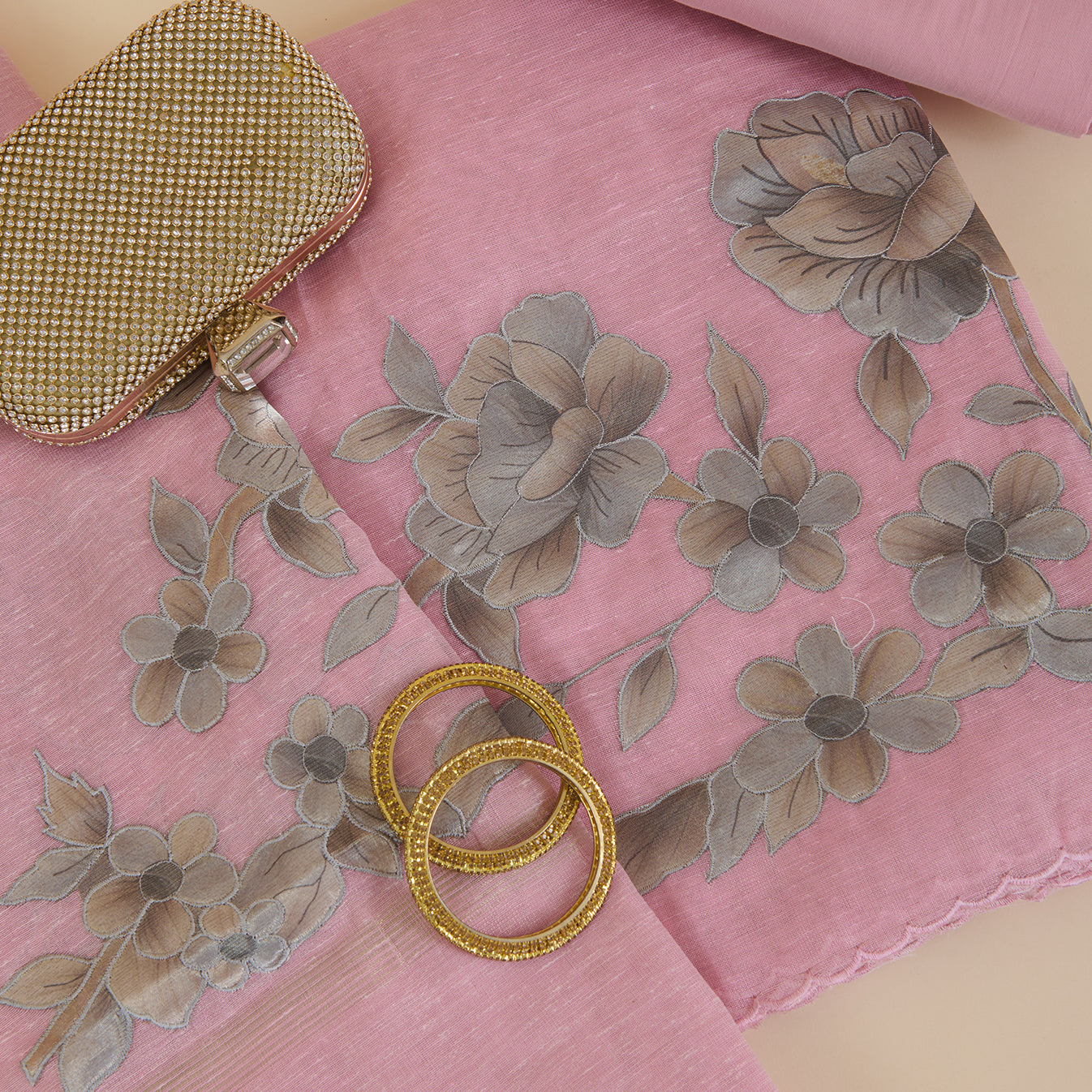 Baby Pink Chanderi Tissue Applique Embroidered Kurta Set