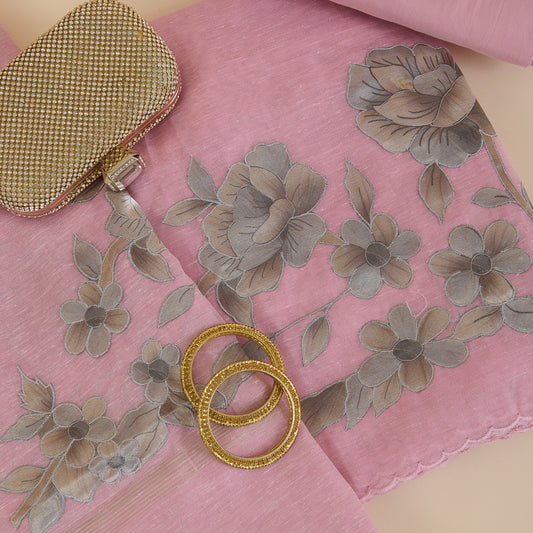 Baby Pink Chanderi Tissue Applique Embroidered Kurta Set