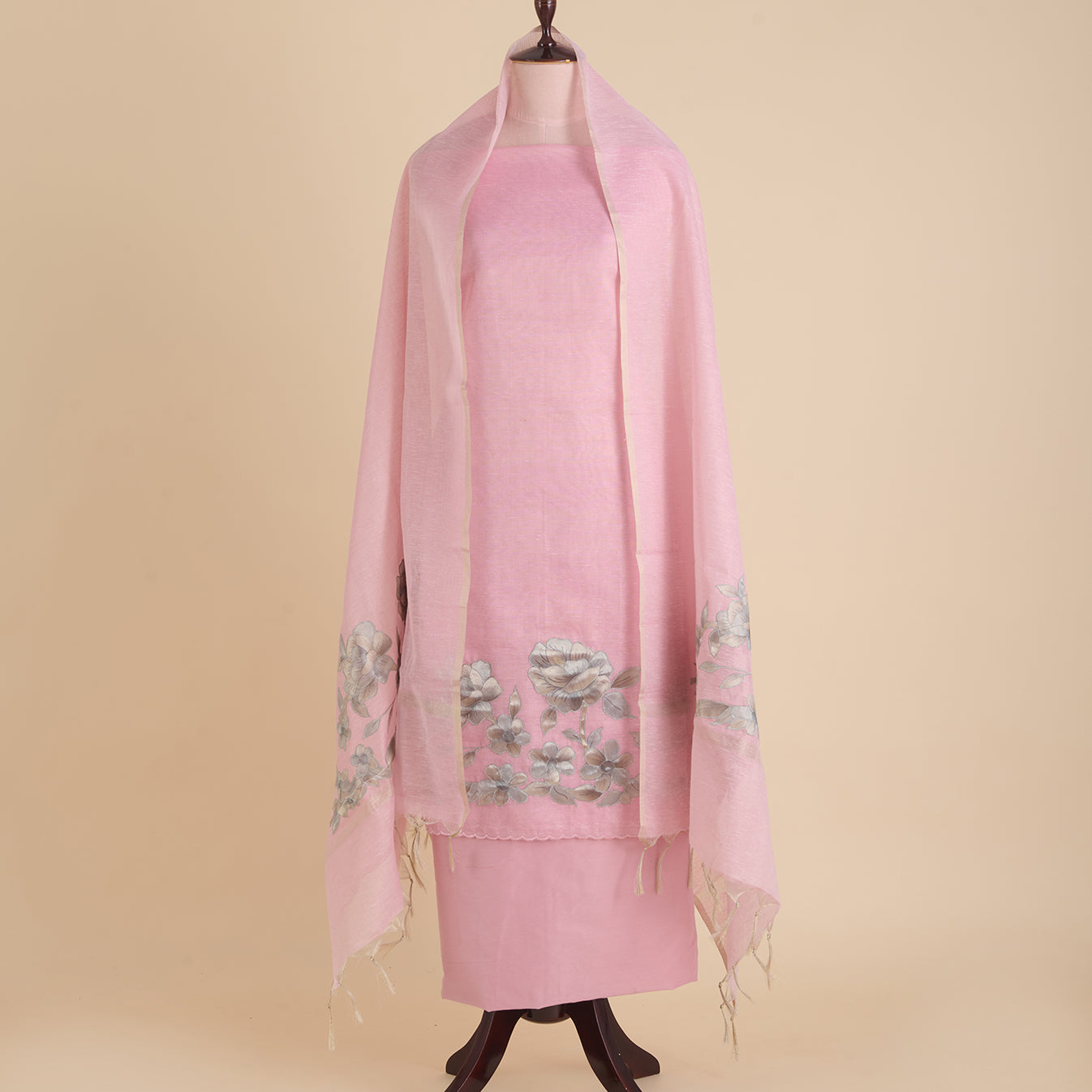 Baby Pink Chanderi Tissue Applique Embroidered Kurta Set