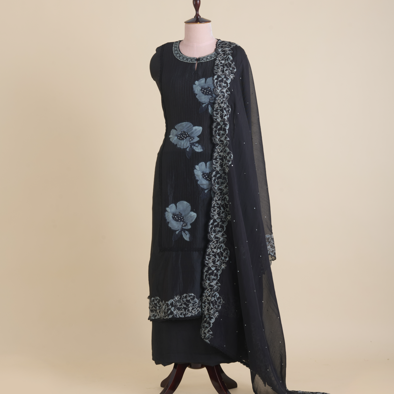 Black Chanderi Semi-Stitched Embroidered Kurta Set