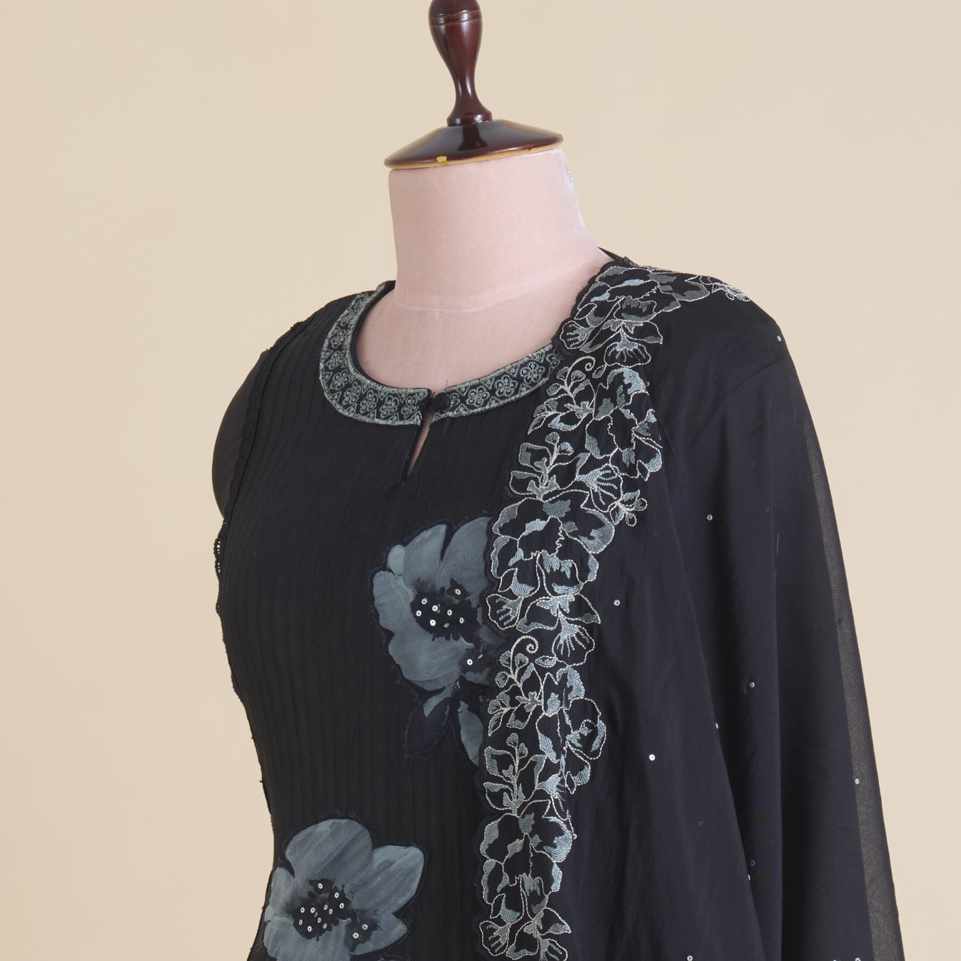 Black Chanderi Semi-Stitched Embroidered Kurta Set
