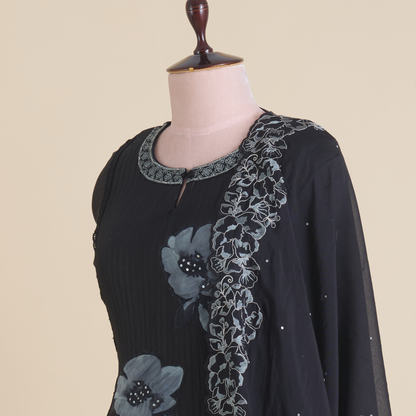 Black Chanderi Semi-Stitched Embroidered Kurta Set