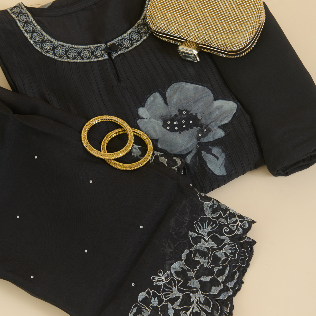 Black Chanderi Semi-Stitched Embroidered Kurta Set