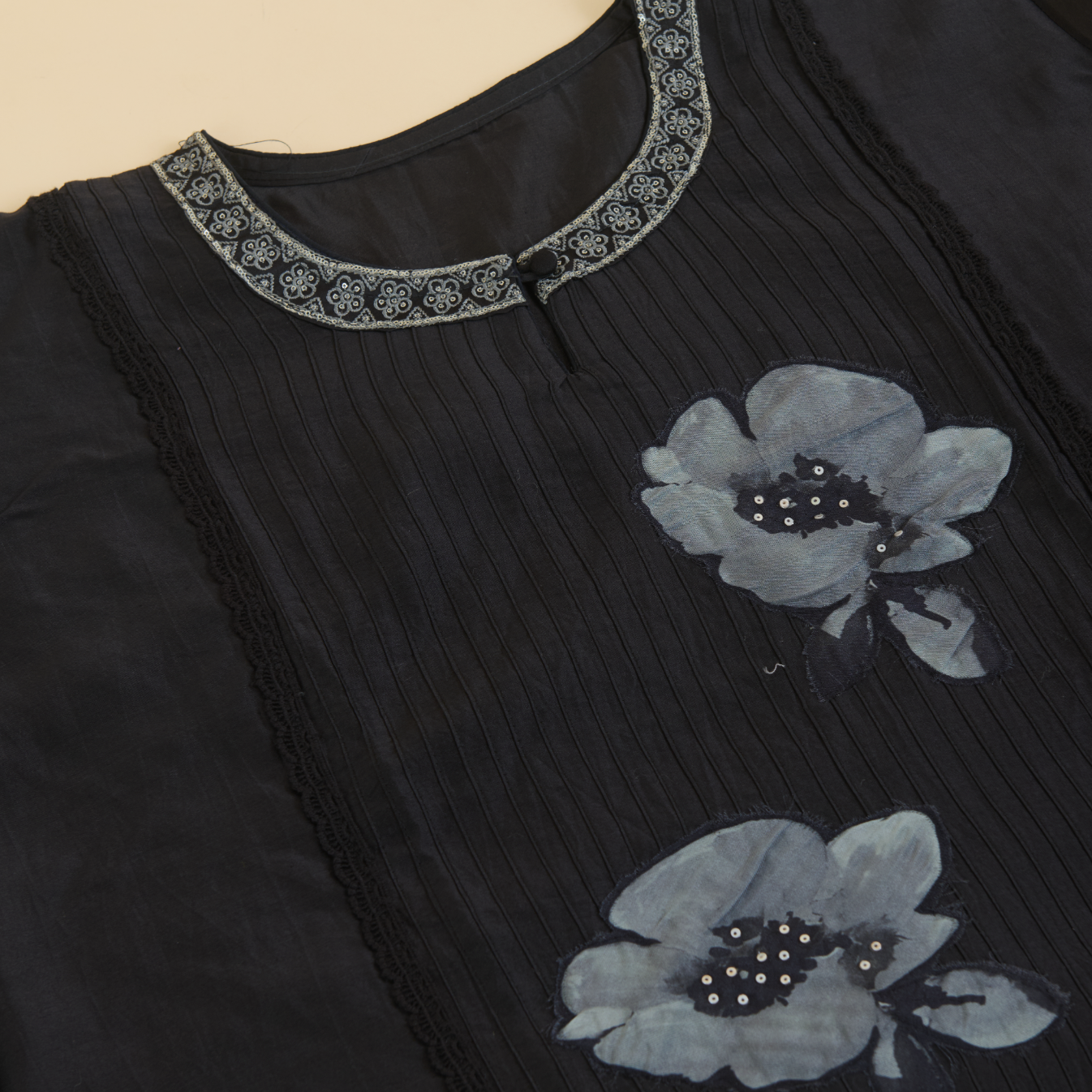 Black Chanderi Semi-Stitched Embroidered Kurta Set