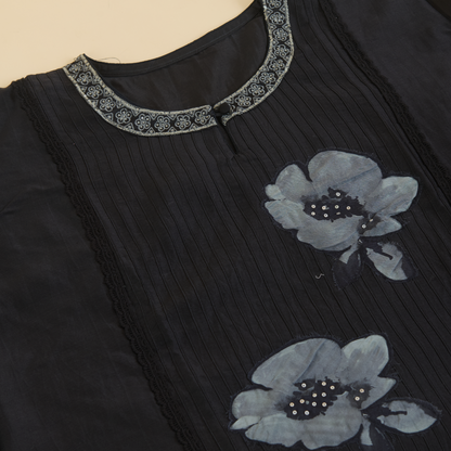 Black Chanderi Semi-Stitched Embroidered Kurta Set