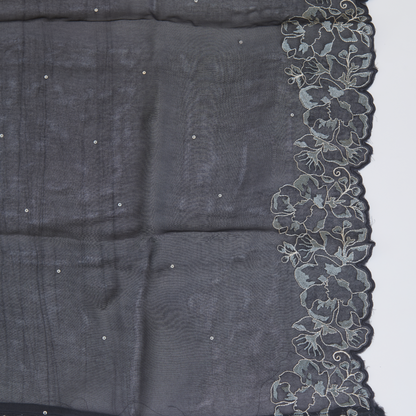 Black Chanderi Semi-Stitched Embroidered Kurta Set