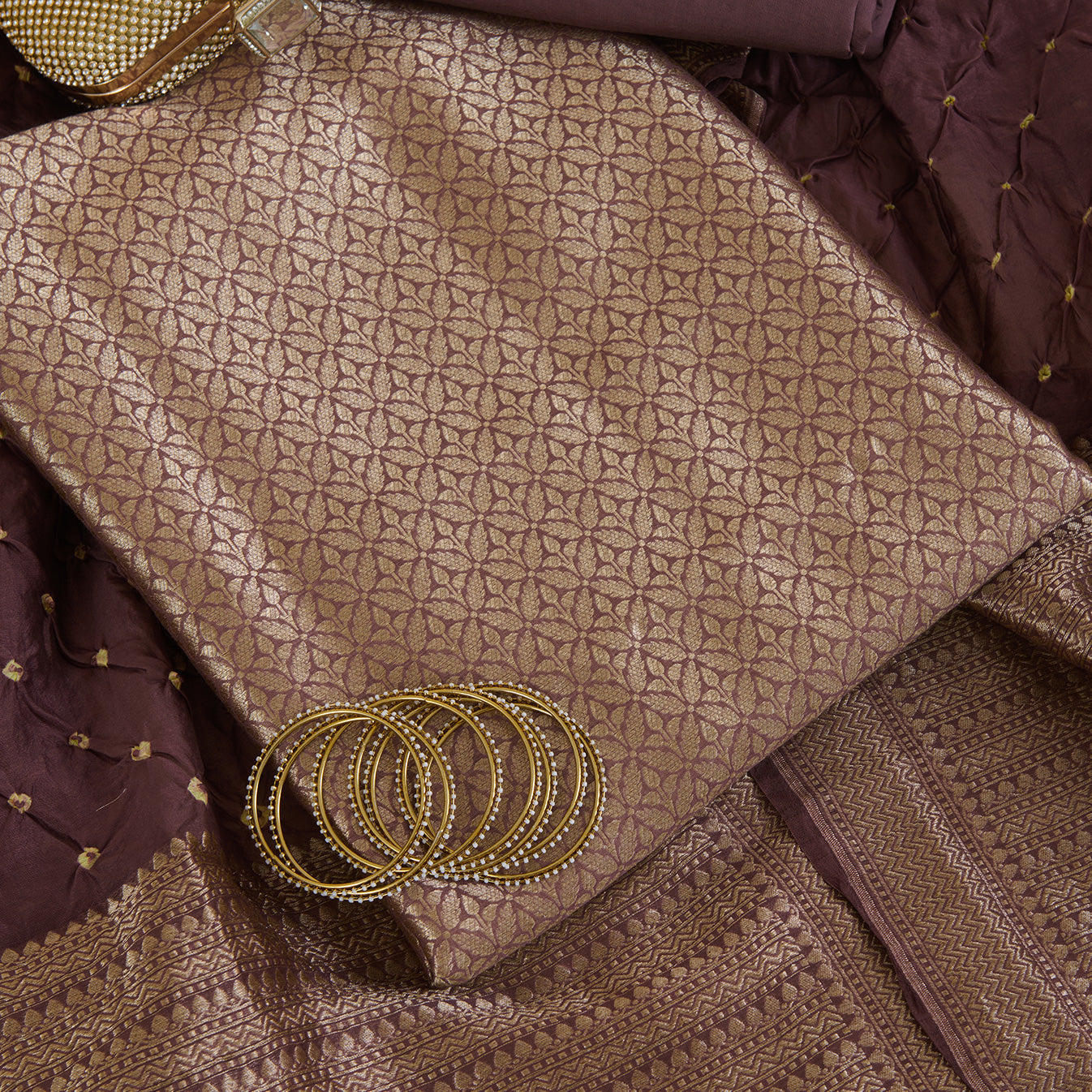 Brown Chanderi Brocade Jaal Kurta with Bandhej Woven Dupatta