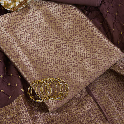 Brown Chanderi Brocade Jaal Kurta with Bandhej Woven Dupatta