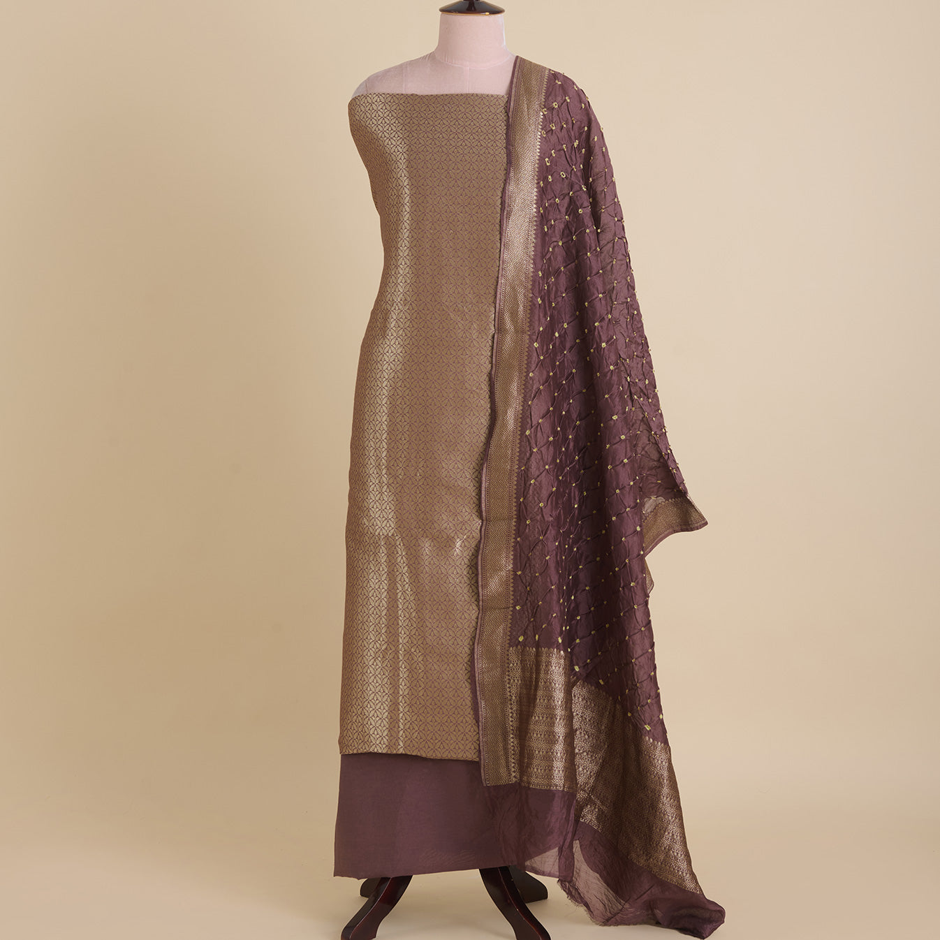 Brown Chanderi Brocade Jaal Kurta with Bandhej Woven Dupatta